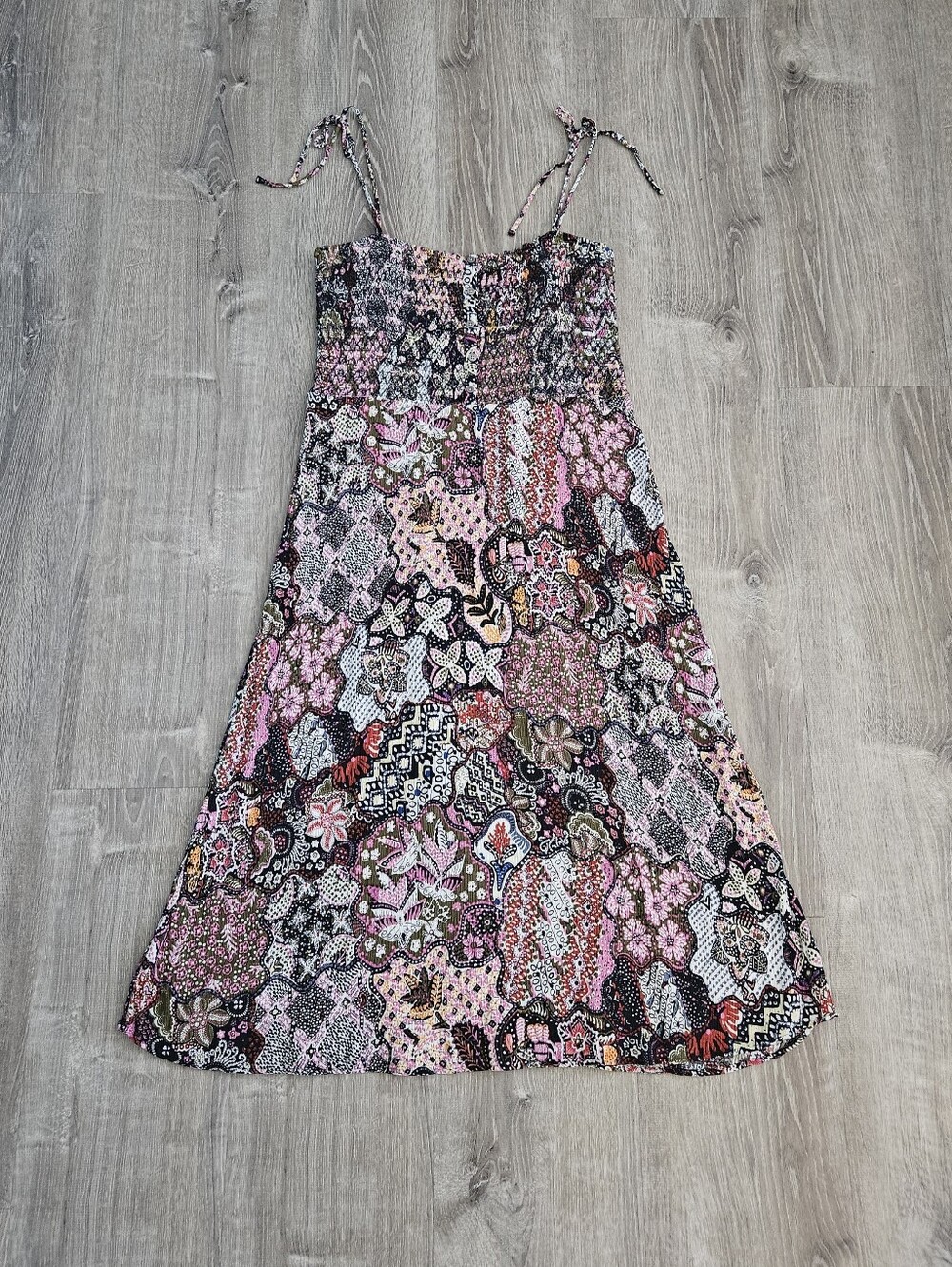 Loft Smocked Midi Sun Dress Floral Geometric Boho Patchwork Tie Straps Crepe M